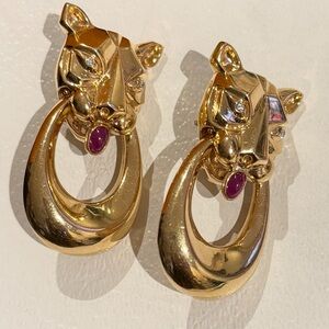 14k solid Gold Panther Earrings with Red Accent. 38.80 grams